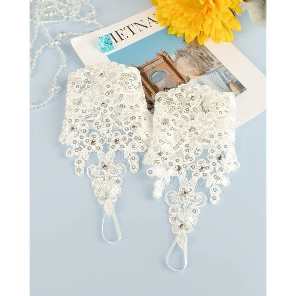 Women's Rhinestone Fingerless White Gloves Bride Wedding Party Prom Accessories
